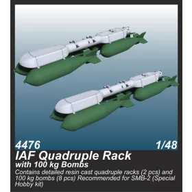   CMK IAF Quadruple Rack with 100 kg Bombs (2 pcs.) / for SMB-2, Sa'ar and Mirage III kits - IAF négyes bombafelfüggesztők 100 kg-os bombákkal, SMB-2/Sa'ar/Mirage III típusokhoz – 2 db