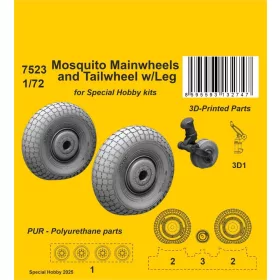   CMK Mosquito Mainwheels and Tailwheel w/Leg for Special Hobby kits - főfutókerekek és farokkerék futóműszárral