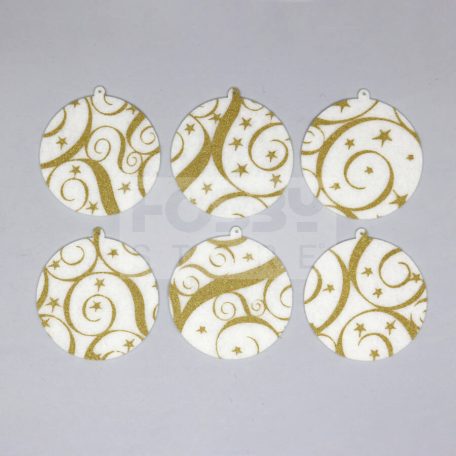 Filcfigura - Gömb, festett, fehér-arany (6 db/cs, átm. kb.: 6 cm) 23269