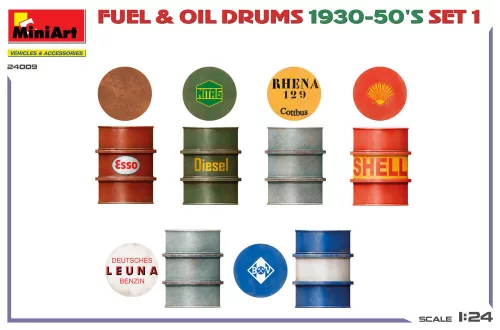 MiniArt Fuel & Oil Drums 1930-50's Set 1 (German Type) – 1:24 dioráma-kiegészítő