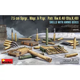   MiniArt 7.5 cm Sprgr., Nbgr. & Pzgr.  Patr. Kw.K.40 (Stu.K.40)  Shells with Ammo Boxes – 1:35 dioráma-kiegészítő