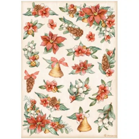 Stamperia A4 rizspapír csom.-  All Around Christmas poinsettia and bellst - DFSA4806