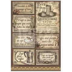   Stamperia A4 rizspapír csom.-  Coffee and Chocolate labels - DFSA4826