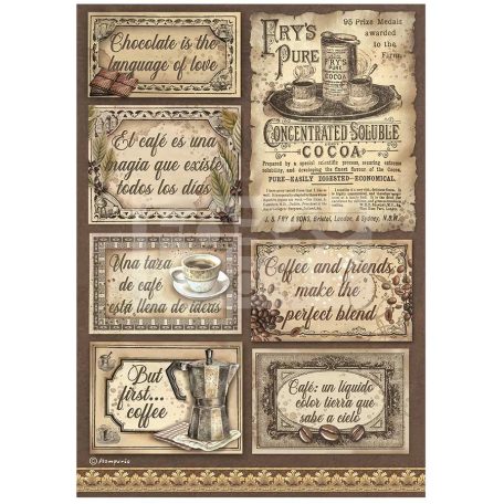 Stamperia A4 rizspapír csom.-  Coffee and Chocolate labels - DFSA4826