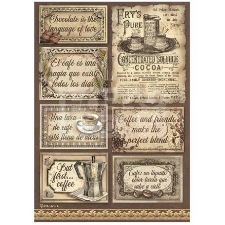 Stamperia A4 rizspapír csom.-  Coffee and Chocolate labels - DFSA4826