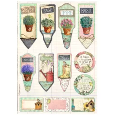   Stamperia A4 rizspapír csom.-  Garden tags and labels - DFSA4869