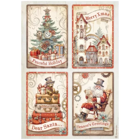 Stamperia A4 rizspapír csom. - Gear up for Christmas 4 cards - DFSA4935