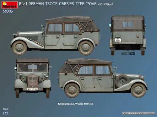 MiniArt Kfz.1 German Troop Carrier Type 170VK w/Canvas – 1:35 autó makett