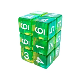   Green Stuff World 12x D6 16mm Dice - Clear Green/Yellow Dobókocka készlet Átlátszó Zöld / Sárga