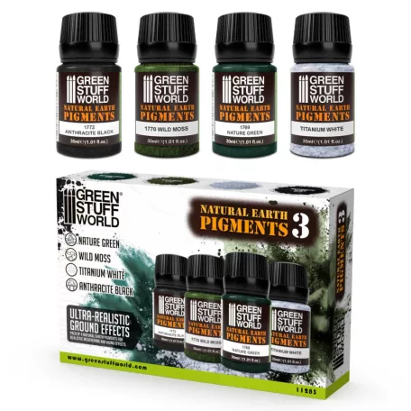Green Stuff World Natural Earth Pigments Set 30ml – No. 3 – zöld, fehér és fekete weathering pigment készlet, 4×30 ml