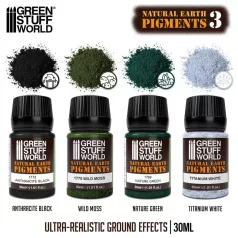   Green Stuff World Natural Earth Pigments Set 30ml – No. 3 – zöld, fehér és fekete weathering pigment készlet, 4×30 ml