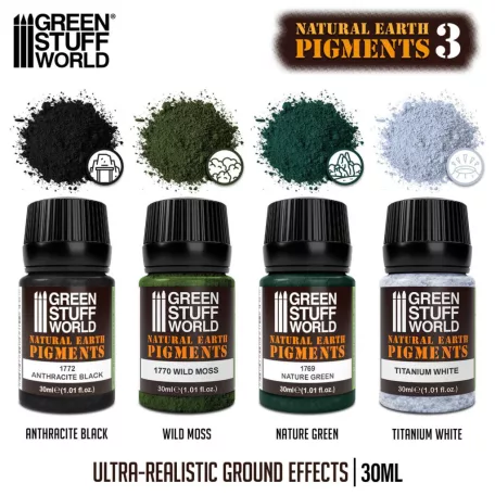 Green Stuff World Natural Earth Pigments Set 30ml – No. 3 – zöld, fehér és fekete weathering pigment készlet, 4×30 ml
