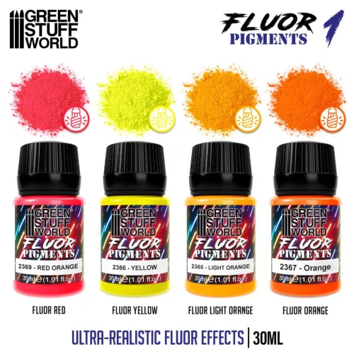 Green Stuff World Fluor Pigments Set 30ml No.1 – 4 db fluoreszkáló pigment makettekhez és diorámákhoz