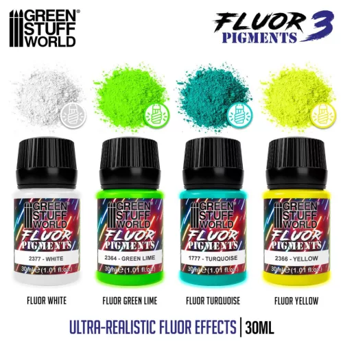 Green Stuff World Fluor Pigments Set 30ml No.3 – 4 db fluoreszkáló pigment makettekhez és diorámákhoz