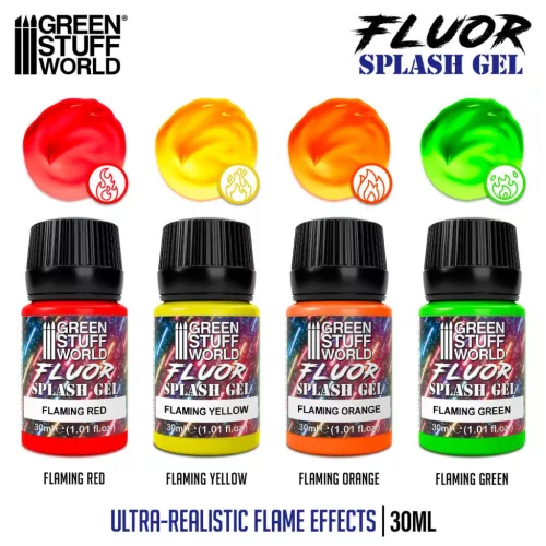 Green Stuff World Flaming Splash Gel Set 30ml – 4 db fluor akril gél tűz, magma és energia effektekhez