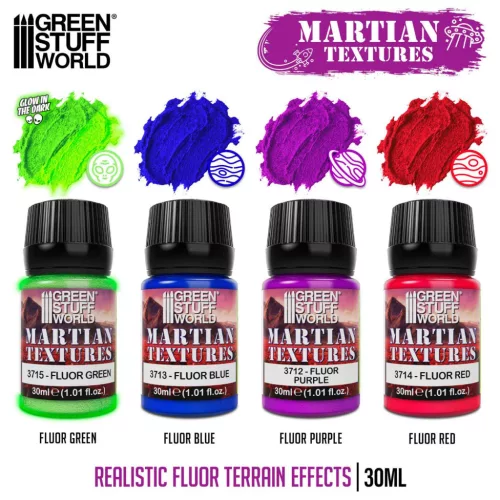 Green Stuff World Fluor Martian Texture Paint Set 30ml – 4 db fluor textúrpaszta alien és marsi diorámákhoz