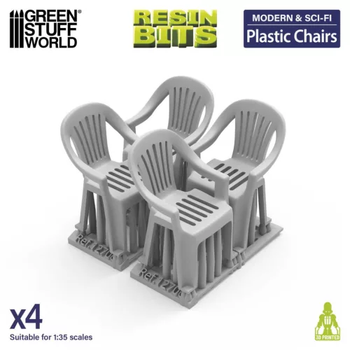 Green Stuff World Plastic Chairs 1:35 – 4 db 3D nyomtatott resin szék diorámákhoz