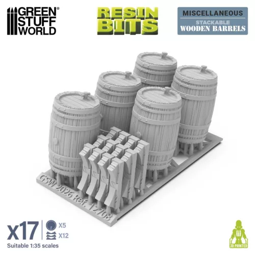Green Stuff World Stackable Wooden Barrels 1:35 – 5 db egymásra rakható resin fahordó diorámákhoz