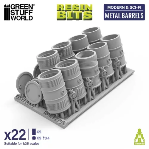 Green Stuff World Metal Barrels 1:35 – 9 db 3D nyomtatott resin fémhordó diorámákhoz