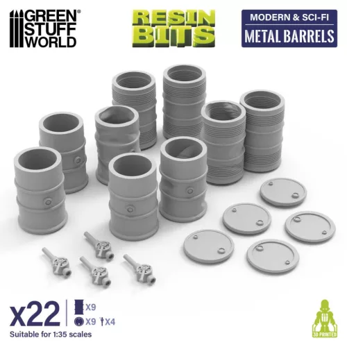 Green Stuff World Metal Barrels 1:35 – 9 db 3D nyomtatott resin fémhordó diorámákhoz