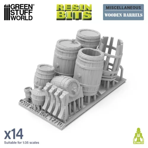Green Stuff World Wooden Barrels 1:35 – 7 db 3D nyomtatott resin fahordó diorámákhoz