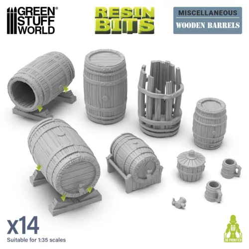 Green Stuff World Wooden Barrels 1:35 – 7 db 3D nyomtatott resin fahordó diorámákhoz