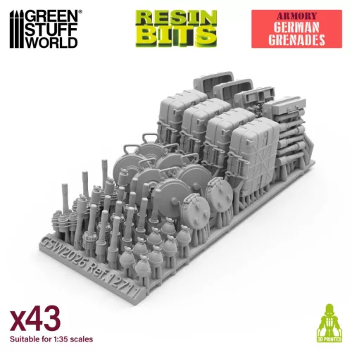 Green Stuff World WWII German Grenades 1:35 – 43 db 3D nyomtatott resin gránát és akna diorámákhoz