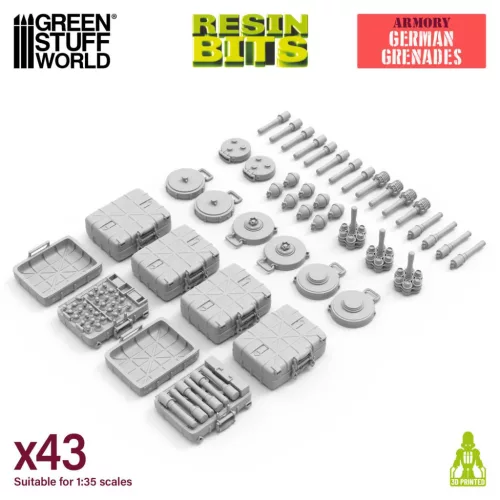 Green Stuff World WWII German Grenades 1:35 – 43 db 3D nyomtatott resin gránát és akna diorámákhoz