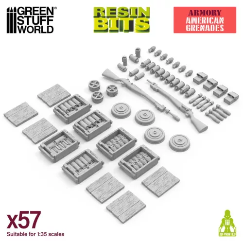 Green Stuff World WWII American Grenades 1:35 – 57 db 3D nyomtatott resin amerikai gránát és akna-makettekhez