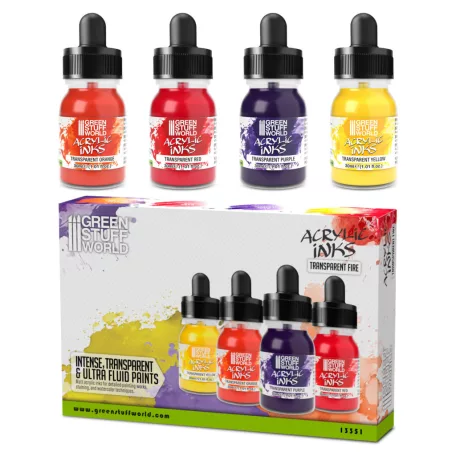 Green Stuff World Acrylic Inks Set - Transparent Fire x4 – áttetsző akril tinta szett tűz és izzás effektekhez