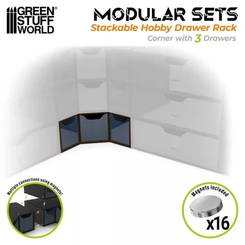 Green Stuff World Stackable Hobby Corner Drawer Rack with 3 drawers – Black – mágneses sarok MDF fiókos hobby rendszerező