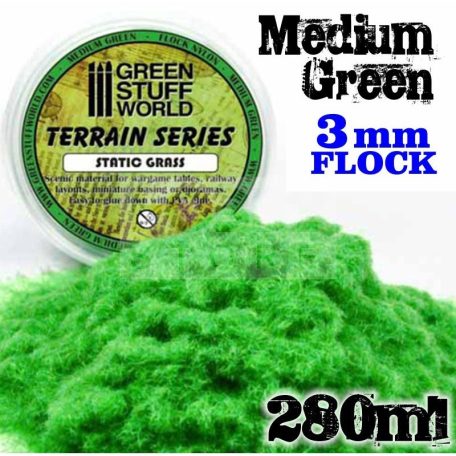 Green Stuff World MEDIUM GREEN statikus szórható műfű (Static Grass Flock XL- 3 mm - Medium Green - 280 ml)