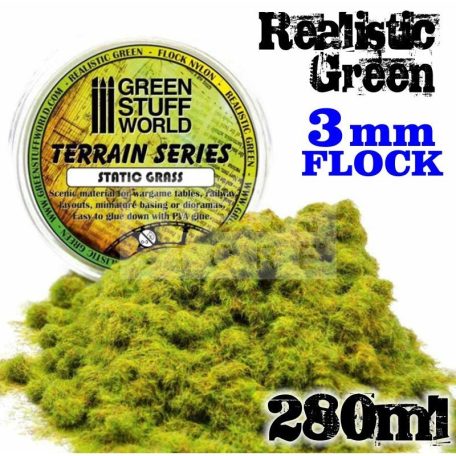 Green Stuff World REALISTIC GREEN 3mm-es statikus szórható műfű (Static Grass Flock - 3 mm - Realistic Green - 280 ml)