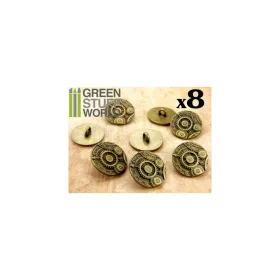   Green Stuff World 8x Steampunk Buttons GEARS MECHANISM Antique Gold – antik arany steampunk fogaskerék-mechanika mintás gombok / medálok – 8 db