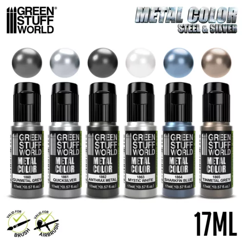 Green Stuff World Metallic Paints Set - Silver – 6×17ml ezüst és sötét metál akrilfesték készlet