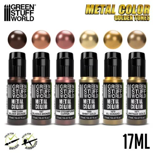 Green Stuff World Metallic Paints Set - Gold – 6×17ml arany, bronz és réz metál akrilfesték készlet