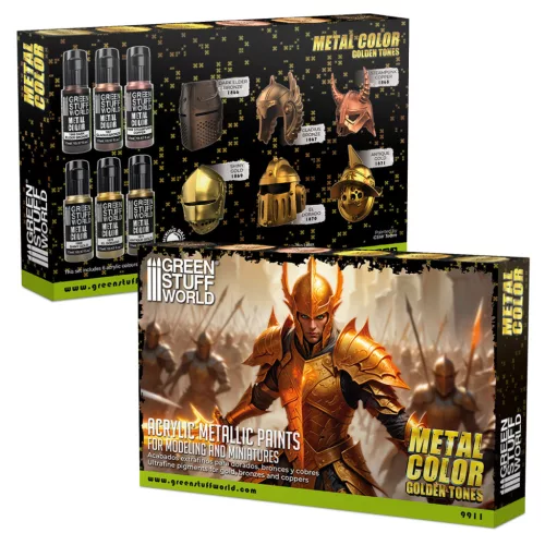 Green Stuff World Metallic Paints Set - Gold – 6×17ml arany, bronz és réz metál akrilfesték készlet