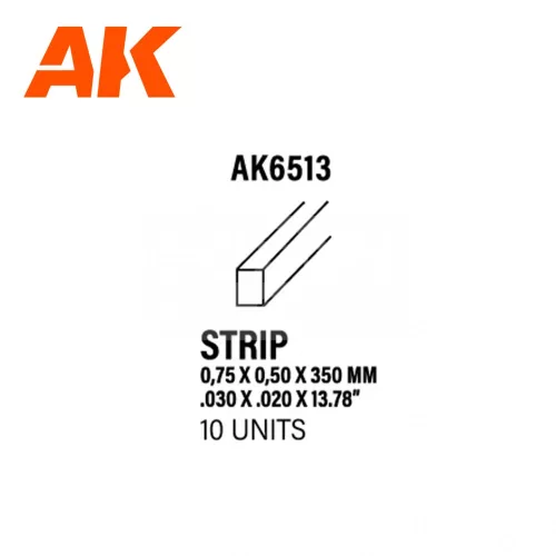 AK-Interactive - Strips 0.75 x 0.50 x 350mm – STYRENE STRIP – (10 units) - Téglalap alakú sztirol profil AK6513