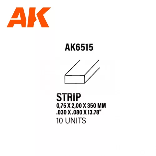 AK-Interactive - Strips 0.75 x 2.00 x 350mm – STYRENE STRIP – (10 units) - Téglalap alakú sztirol profil AK6515