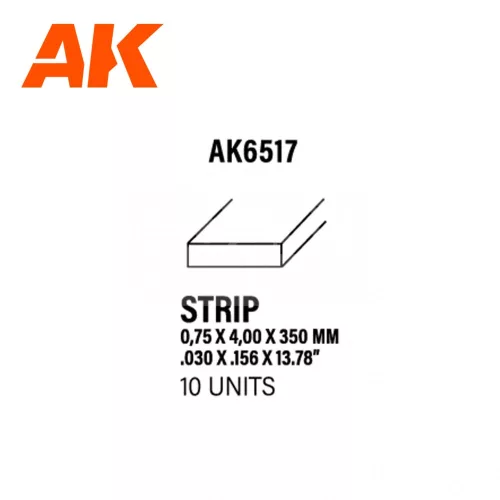 AK-Interactive - Strips 0.75 x 4.00 x 350mm – STYRENE STRIP – (10 units) - Téglalap alakú sztirol profil AK6517
