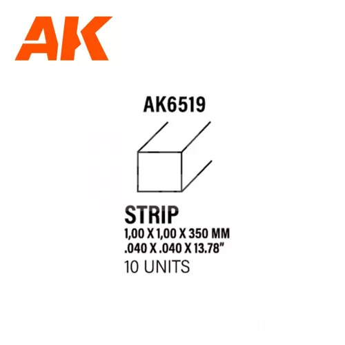 AK-Interactive - Strips 1.00 x 1.00 x 350mm – STYRENE STRIP – (10 units) - Négyzet alakú sztirol profil AK6519