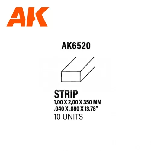 AK-Interactive - Strips 1.00 x 2.00 x 350mm – STYRENE STRIP – (10 units) - Téglalap alakú sztirol profil AK6520