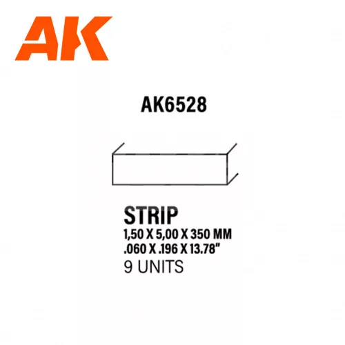 AK-Interactive - Strips 1.50 x 5.00 x 350mm – STYRENE STRIP – (9 units) - Téglalap alakú sztirol profil AK6528