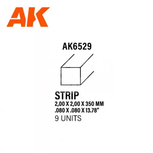 AK-Interactive - Strips 2.00 x 2.00 x 350mm – STYRENE STRIP – (9 units) - Négyzet alakú sztirol profil AK6529