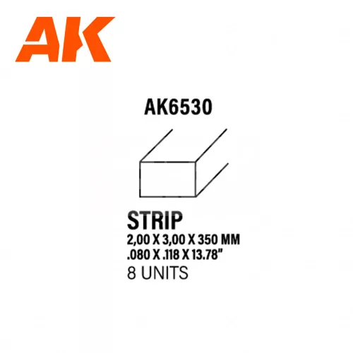 AK-Interactive - Strips 2.00 x 3.00 x 350mm – STYRENE STRIP – (8 units) - Téglalap alakú sztirol profil AK6530