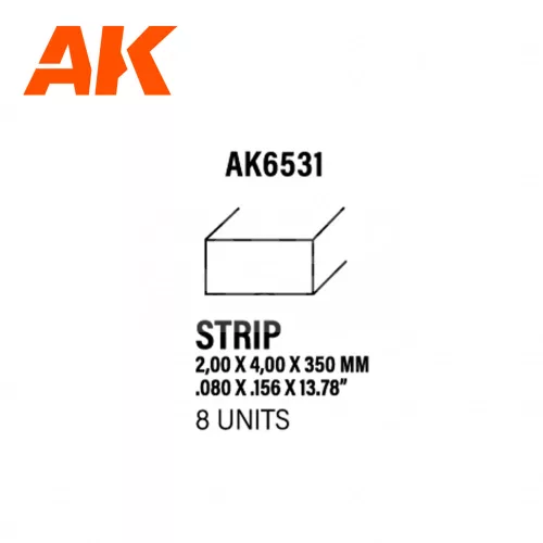 AK-Interactive - Strips 2.00 x 4.00 x 350mm – STYRENE STRIP – (8 units) - Téglalap alakú sztirol profil AK6531
