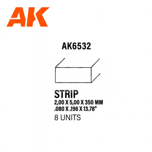 AK-Interactive - Strips 2.00 x 5.00 x 350mm – STYRENE STRIP – (8 units) - Téglalap alakú sztirol profil AK6532