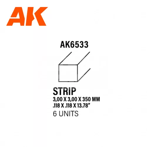 AK-Interactive - Strips 3.00 x 3.00 x 350mm – STYRENE STRIP – (6 units) - Négyzet alakú sztirol profil AK6533