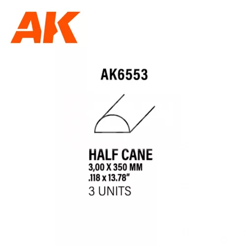 AK-Interactive - Half cane 3.00 x 350mm – STYRENE HALF CANE – (3 units) Félkör alakú sztirol profil AK6553