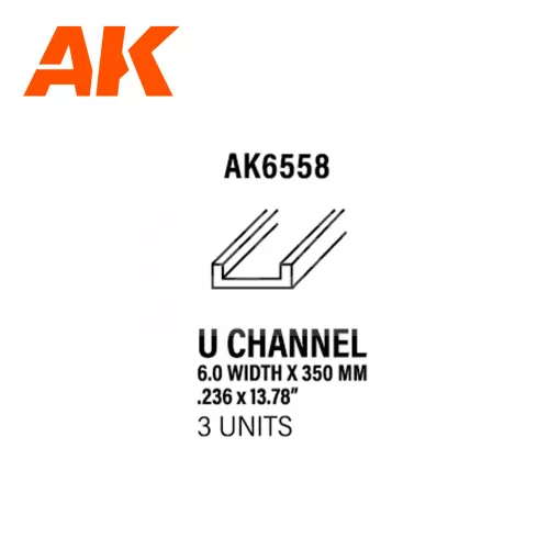 AK-Interactive - U Channel 6.0 width x 350mm – STYRENE U CHANNEL – (3 units) U alakú sztirol profil AK6558